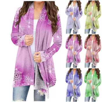 Женская модная рождественская куртка с принтом, повседневный кардиган с длинным рукавом, пальто L синий