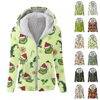 Женская модная рождественская принтованная плюшевая повседневная куртка на молнии с капюшоном XXL