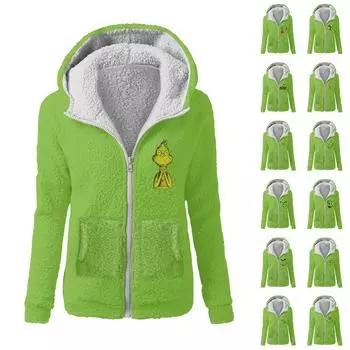 Женская модная рождественская принтованная плюшевая повседневная куртка на молнии с капюшоном M красный