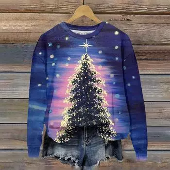 Женская модная рождественская принтованная толстовка с длинным рукавом и круглым вырезом XXL