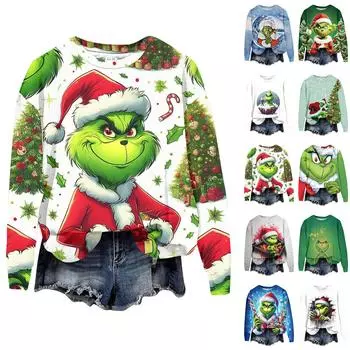 Женская модная рождественская принтованная толстовка с длинным рукавом и круглым вырезом XL синий