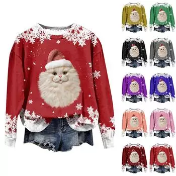 Женская модная рождественская принтованная толстовка с длинным рукавом и круглым вырезом XXXL