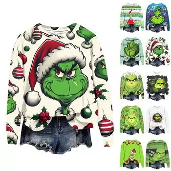 Женская модная рождественская принтованная толстовка с длинным рукавом и круглым вырезом XXXL синий