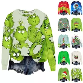 Женская модная рождественская принтованная толстовка с длинным рукавом и круглым вырезом L армия зеленый