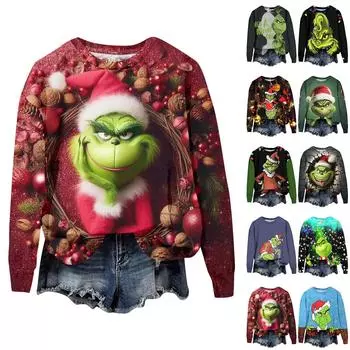 Женская модная рождественская принтованная толстовка с длинным рукавом и круглым вырезом M