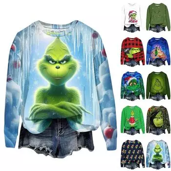 Женская модная рождественская принтованная толстовка с длинным рукавом и круглым вырезом XXXL красный