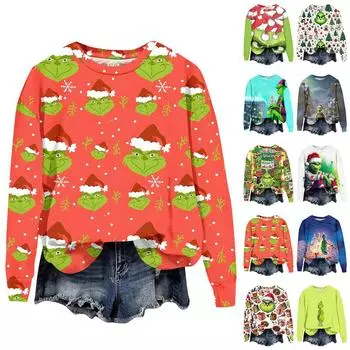 Женская модная рождественская принтованная толстовка с длинным рукавом и круглым вырезом L армия зеленый