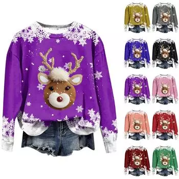 Женская модная рождественская принтованная толстовка с длинным рукавом и круглым вырезом M фиолетовый