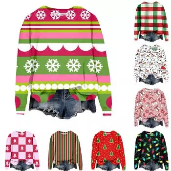 Женская модная рождественская принтованная толстовка с длинным рукавом и круглым вырезом XL