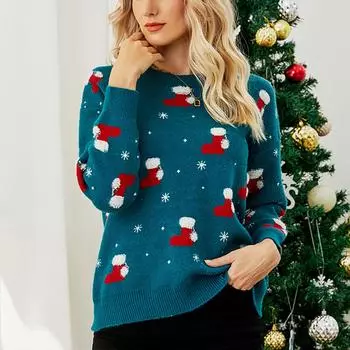 Женская модная рождественская рождественская шляпа, милый рождественский свитер с круглым вырезом и рисунком S синий