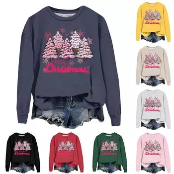 Женская модная рождественская свободная толстовка с длинным рукавом и круглым вырезом с мелким принтом M