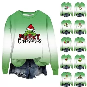 Женская модная рождественская свободная толстовка с длинным рукавом и круглым вырезом с мелким принтом XXL зелёный