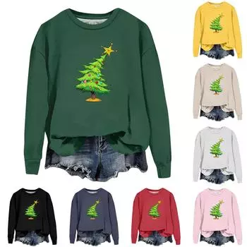 Женская модная рождественская свободная толстовка с длинным рукавом и круглым вырезом с мелким принтом M зелёный