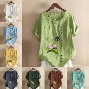 Женская модная розовая футболка с круглым вырезом и коротким рукавом с цветочным принтом, повседневная рубашка из хлопка и льна с графическим принтом, свободная летняя блузка для отдыха, топы S розовый