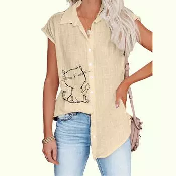 Женская модная рубашка без рукавов с принтом, повседневная, тонкая, с принтом, женская блузка на пуговицах S белый