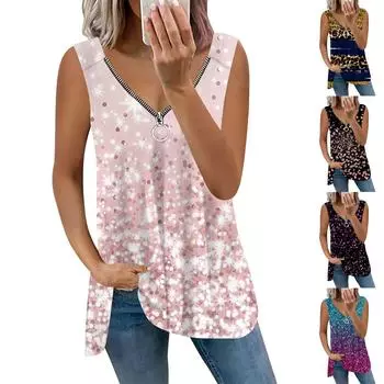 Женская модная рубашка без рукавов с v-образным вырезом и принтом, повседневная блузка с открытыми плечами L чёрный