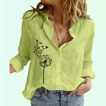 Женская модная рубашка из хлопка и льна, лето и осень, с цветочным принтом, с длинным рукавом, женская повседневная блузка с воротником-стойкой и пуговицами S белый