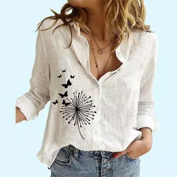 Женская модная рубашка-кардиган с лацканами, тонкий хлопковый льняной топ, повседневные блузки с цветочным принтом S белый