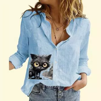 Женская модная рубашка на пуговицах, повседневная, тонкая, с длинным рукавом, женская рубашка из хлопка и льна с принтом кота S белый