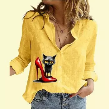 Женская модная рубашка на пуговицах, повседневная, тонкая, с длинным рукавом, женская рубашка из хлопка и льна с принтом кота S белый