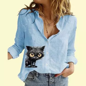 Женская модная рубашка на пуговицах, повседневная, тонкая, с длинным рукавом, женская хлопковая льняная блузка с принтом кота S белый