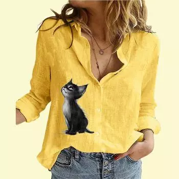 Женская модная рубашка на пуговицах, повседневная, тонкая, с длинным рукавом, женская хлопковая льняная блузка с принтом кота S белый