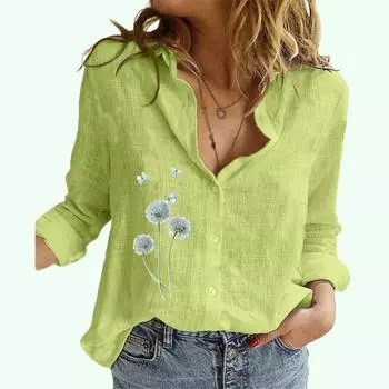 Женская модная рубашка на пуговицах с цветочным принтом, женская повседневная свободная блузка из хлопка и льна с длинным рукавом S белый