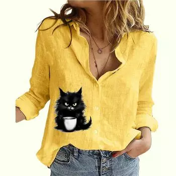 Женская модная рубашка на пуговицах, весна-лето, тонкий хлопковый льняной топ, повседневная блузка с длинными рукавами и принтом кота S белый