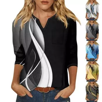 Женская модная рубашка, повседневная рубашка с рукавами реглан, карман, V-образный вырез, рукав 3/4, свободная футболка с принтом, женский топ L чёрный