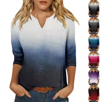 Женская модная рубашка, повседневная рубашка с рукавами реглан, карман, V-образный вырез, рукав 3/4, свободная футболка с принтом, женский топ L чёрный