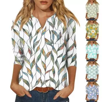 Женская модная рубашка, повседневная рубашка с рукавами реглан, карман, V-образный вырез, рукав 3/4, свободная футболка с принтом, женский топ M