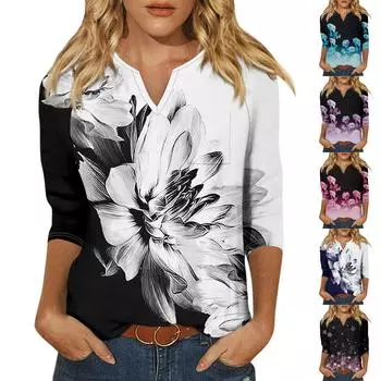 Женская модная рубашка, повседневная рубашка с рукавами реглан, карман, V-образный вырез, рукав 3/4, свободная футболка с принтом, женский топ L чёрный