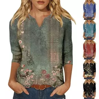 Женская модная рубашка, повседневная рубашка с рукавами реглан, карман, V-образный вырез, рукав 3/4, свободная футболка с принтом, женский топ XL красный