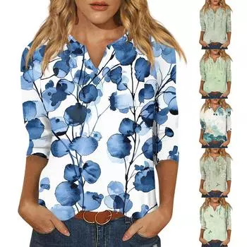 Женская модная рубашка, повседневная рубашка с рукавами реглан, карман, V-образный вырез, рукав 3/4, свободная футболка с принтом, женский топ XL