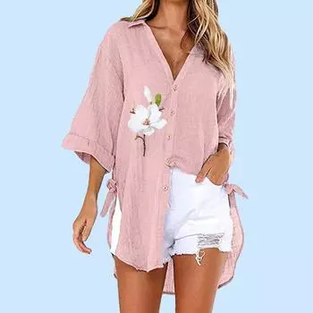 Женская модная рубашка с цветочным принтом больших размеров, летняя и осенняя повседневная футболка с коротким рукавом, женские свободные длинные блузки с v-образным вырезом на пуговицах S белый