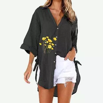 Женская модная рубашка с цветочным принтом больших размеров, летняя и осенняя повседневная футболка с коротким рукавом, женские свободные длинные блузки с v-образным вырезом на пуговицах S белый