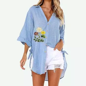 Женская модная рубашка с цветочным принтом больших размеров, летняя и осенняя повседневная футболка с коротким рукавом, женские свободные длинные блузки с v-образным вырезом на пуговицах S белый