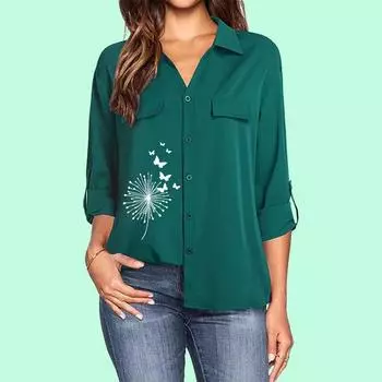 Женская модная рубашка с цветочным принтом, отложным воротником, длинными рукавами и карманом, повседневная блузка на весну/лето S белый