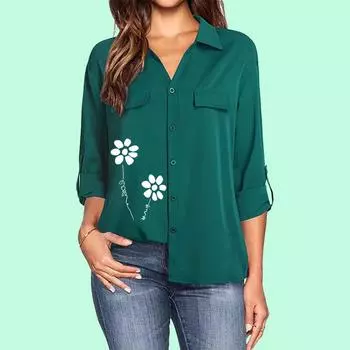 Женская модная рубашка с цветочным принтом, отложным воротником, длинными рукавами и карманом, повседневная блузка на весну/лето S белый