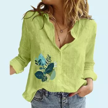 Женская модная рубашка с цветочным принтом, свободный топ из хлопка и льна с длинным рукавом, женская повседневная блузка на пуговицах S белый