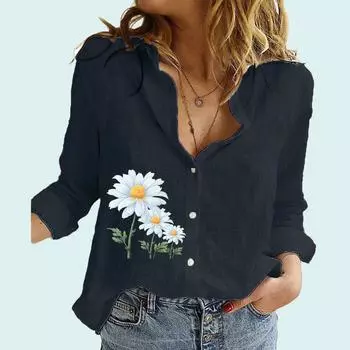 Женская модная рубашка с цветочным принтом, женская мода, весенне-осенний топ на пуговицах с длинными рукавами, женские льняные блузки с длинными рукавами S белый