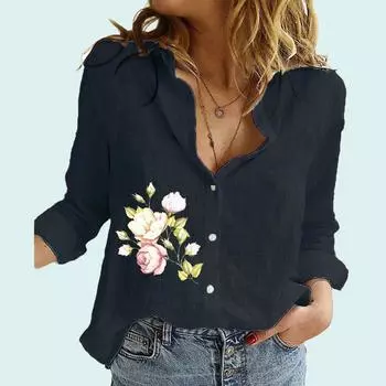 Женская модная рубашка с цветочным принтом, женская мода, весенне-осенний топ на пуговицах с длинными рукавами, женские льняные блузки с длинными рукавами S белый