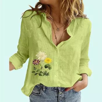 Женская модная рубашка с цветочным принтом, женская мода, весенне-осенний топ на пуговицах с длинными рукавами, женские льняные блузки с длинными рукавами S белый