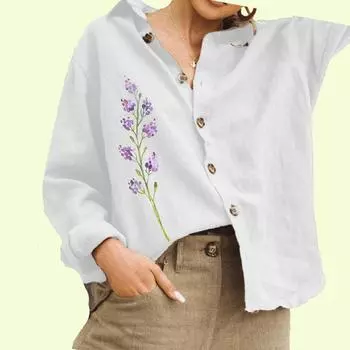 Женская модная рубашка с цветочным принтом, женская повседневная блузка на пуговицах из хлопка и льна с длинными рукавами S белый