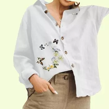 Женская модная рубашка с цветочным принтом, женская повседневная блузка на пуговицах из хлопка и льна с длинными рукавами S белый