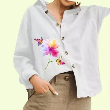 Женская модная рубашка с цветочным принтом, женская повседневная блузка на пуговицах из хлопка и льна с длинными рукавами S белый
