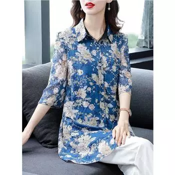 Женская модная рубашка с цветочным принтом, женская повседневная свободная блузка с пуговицами и коротким рукавом, элегантная блузка средней длины M