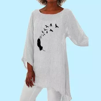 Женская модная рубашка с длинным рукавом 3/4, женская весна-лето, повседневная рубашка с тонким верхом и принтом, свободная рубашка с круглым воротником S белый