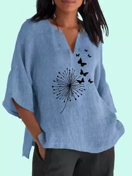 Женская модная рубашка с длинным рукавом и принтом 3/4, повседневная рубашка с V-образным вырезом, женская свободная хлопковая льняная блузка 2XL синий