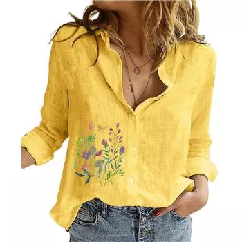 Женская модная рубашка с длинным рукавом и лацканами из хлопка и льна на пуговицах, повседневные блузки с принтом S белый